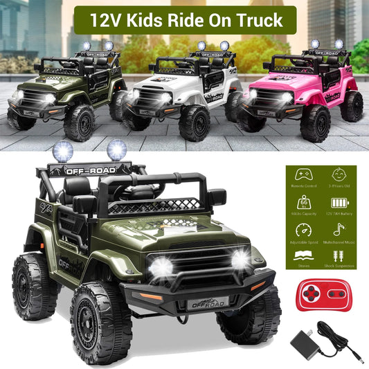 12V Kids Ride on Jeep, 12V 7AH Battery Powered Rechargeable Ride on Truck Car Electric Off-Road Tires Vehicle Jeep Toy, 2-Way Control with Control Remote, 2-Seater, MP3, LED Lights, Green