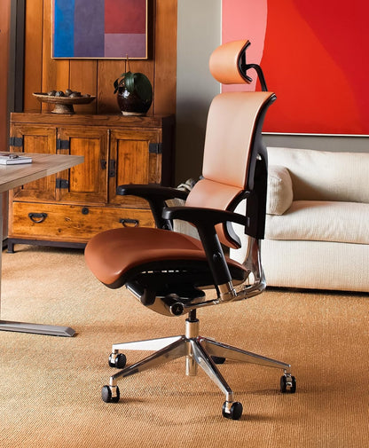 X4 High End Executive Chair, Cognac Leather with Headrest - Ergonomic Office Seat/Dynamic Variable Lumbar Support/Floating Recline/Stunning Aesthetic/Adjustable/Perfect for Office or Boardroom