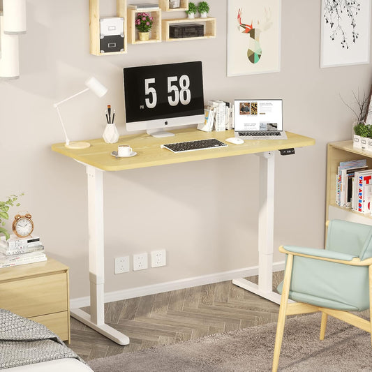 Height Adjustable Electric Standing Desk - 47 X 24 Inch Whole Piece Top Sit Stand Desk Computer Desk - Stand up Desk for Home Office (White Frame + Wood Grain Top)