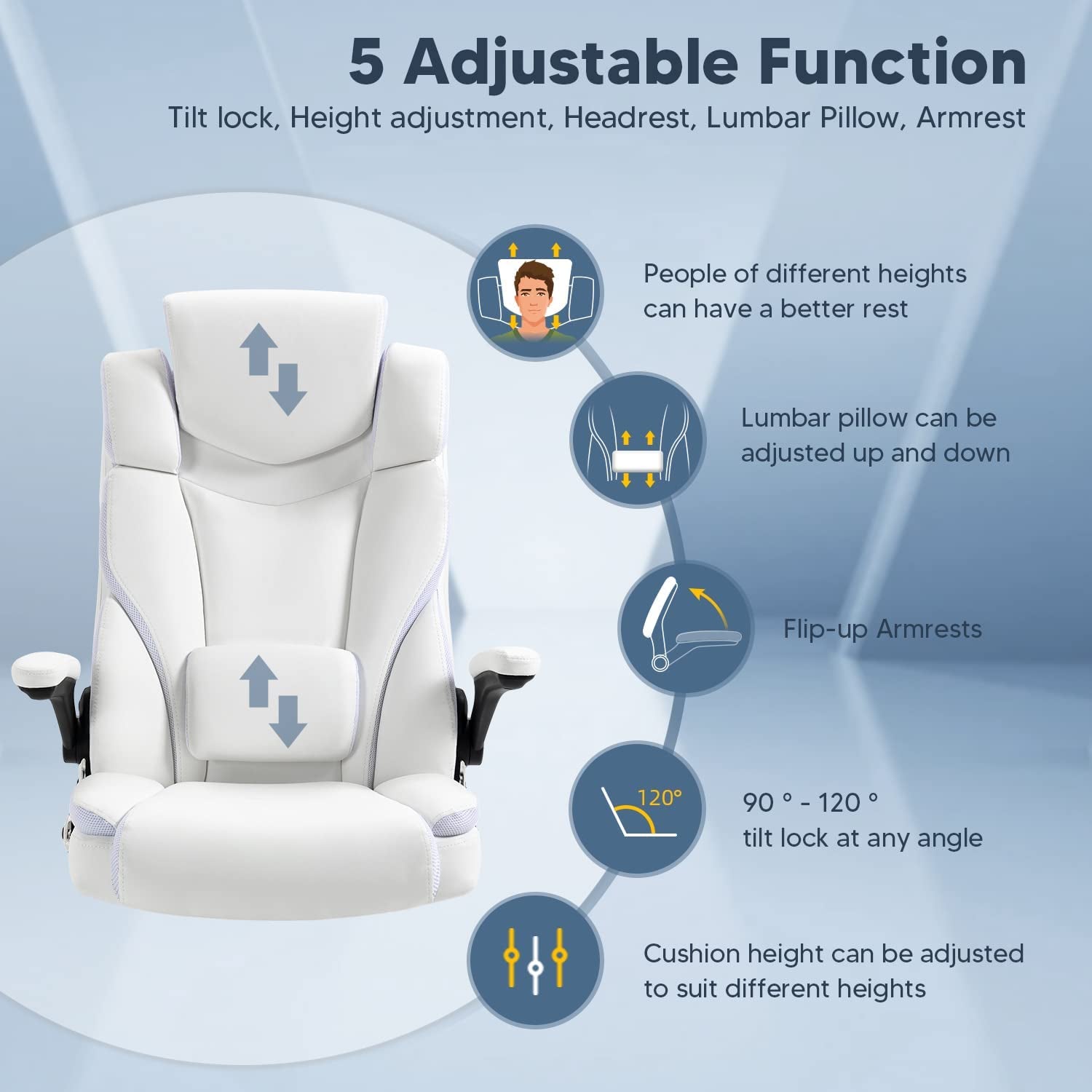 Ergonomic Executive Office Chair High Back PU Leather Computer Desk Chairs with Wheels and Flip-Up Arms, Adjustable Headrest, Tilt and Lumbar Support, White