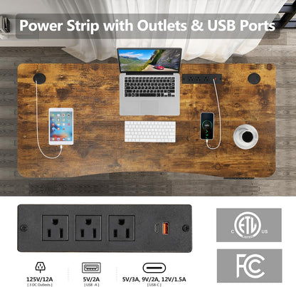 55 X 24 Inch Standing Desk Electric Adjustable Height with Charging Station, Stand up Desk with Oversized Mouse Pad, Ergonomic Curved Workstation, 4 Caster, 4 Preset Heights Easy to Set（Brown
