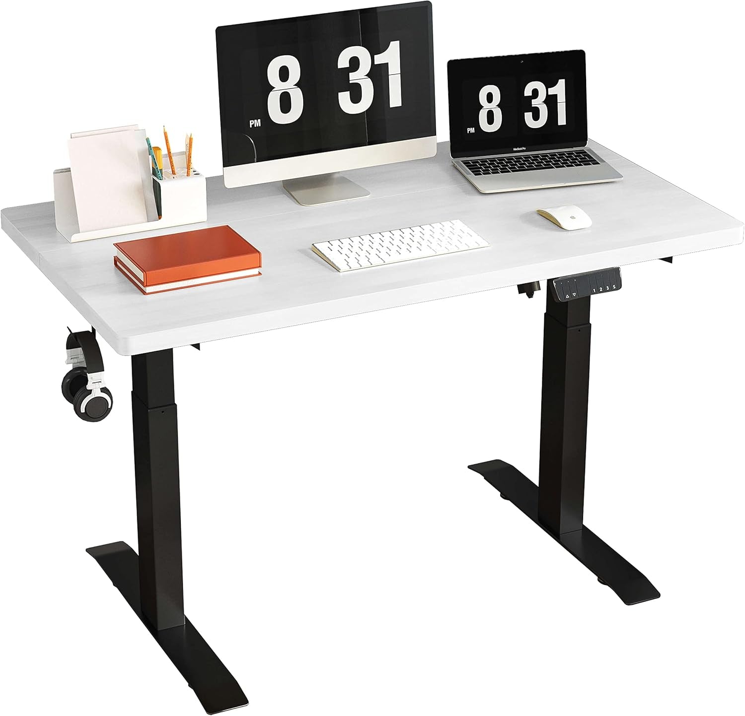Electric Standing Desk Adjustable Height Desk, 40 X 24 Inches Stand up Desk, Ergonomic Design Home Office Desk, Sit Stand Desk with Splice Board/Black Frame/White Top