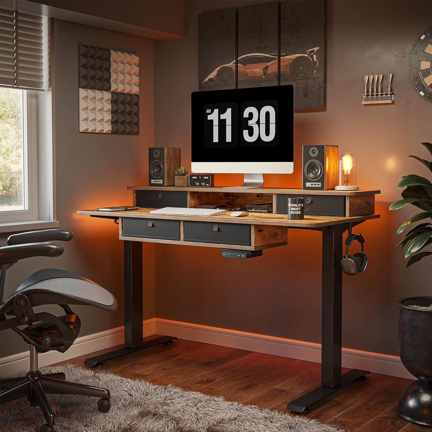 55 X 24 Electric Standing Desk Adjustable Height with 4 Drawers, Sit Stand Desk with Storage Shelf, Rising Desk with Splice Board, Black Frame/Rustic Brown Top, 55 Inch