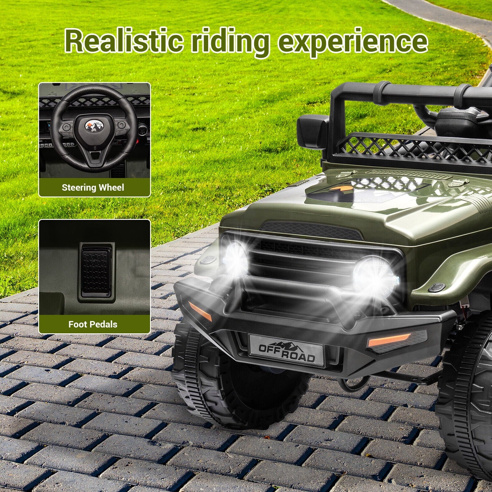 12V Kids Ride on Jeep, 12V 7AH Battery Powered Rechargeable Ride on Truck Car Electric Off-Road Tires Vehicle Jeep Toy, 2-Way Control with Control Remote, 2-Seater, MP3, LED Lights, Green