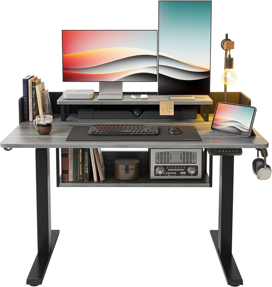 48" Electric Standing Desk with Shelves, 48 X 24 Inch Sit Stand Rising Desk with Monitor Stand and Storage, Ergonomic Home Office Computer Desk, Rustic