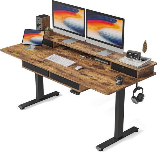 55 X 24 Electric Standing Desk Adjustable Height with 4 Drawers, Sit Stand Desk with Storage Shelf, Rising Desk with Splice Board, Black Frame/Rustic Brown Top, 55 Inch