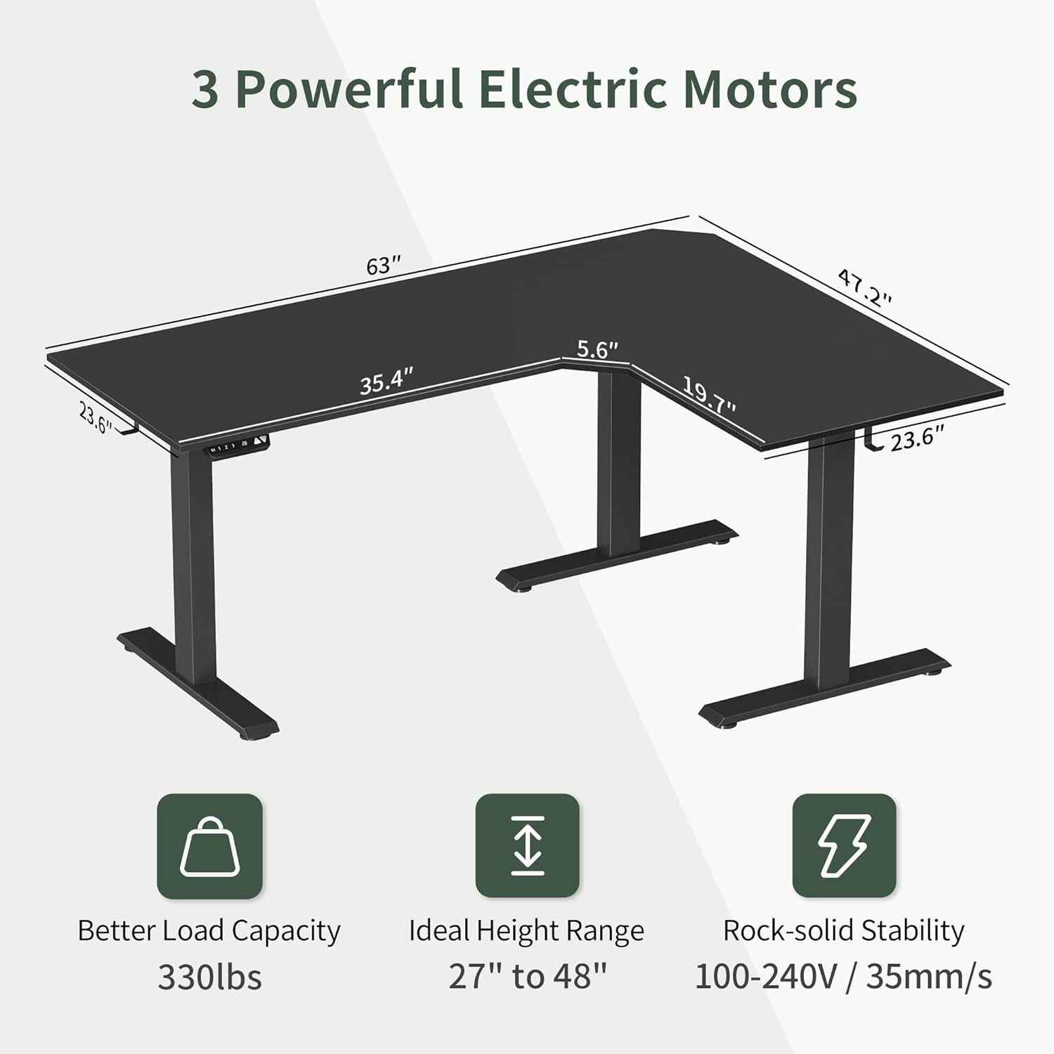 Triple Motor L-Shaped Electric Standing Desk, 63 Inches Height Adjustable Stand up Corner Desk, Sit Stand Workstation with Splice Board, Black Top/Black Frame