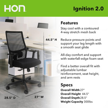 Office Chair Ignition 2.0 - Ergonomic Computer Desk Chair with Mesh Back, Seat-Slide, Syncro Tilt Recline, Adjustable Lumbar Support & Armrests, Comfortable Cushion, Swivel Rolling Wheels - Fog