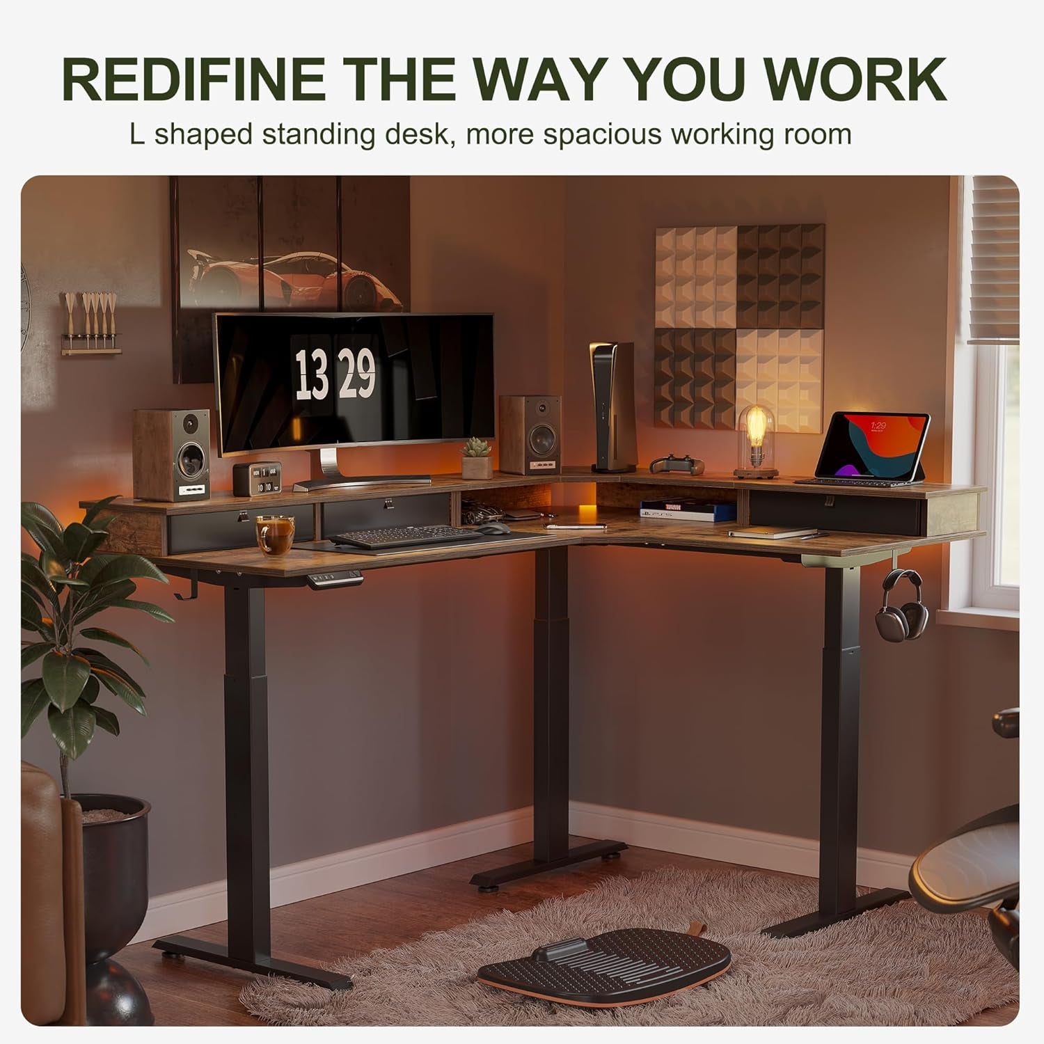 Triple Motor 63" L-Shape Standing Desk with 3 Drawers, Height Adjustable Electric Standing Game Table, Corner Standing Table, Home Office Standing Table, Rustic Brown Top