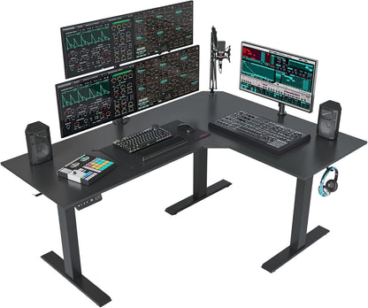 Triple Motor L-Shaped Electric Standing Desk, 63 Inches Height Adjustable Stand up Corner Desk, Sit Stand Workstation with Splice Board, Black Top/Black Frame