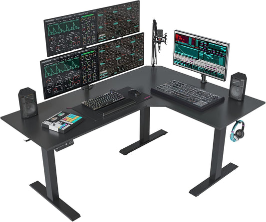 Triple Motor L-Shaped Electric Standing Desk, 63 Inches Height Adjustable Stand up Corner Desk, Sit Stand Workstation with Splice Board, Black Top/Black Frame