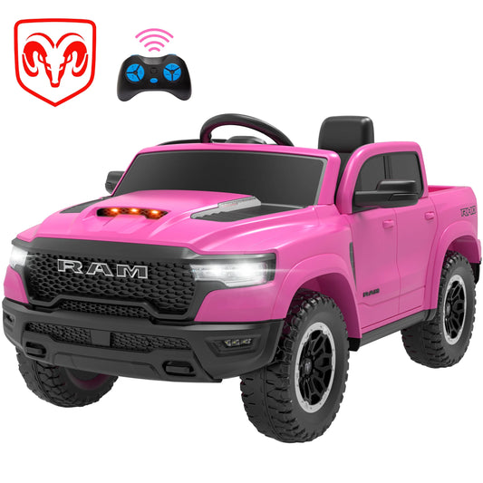 RAM Ride on Car, 12V Powered Ride on Toy with Remote Control, 4 Wheel Suspension, 5 Point Safety Belt, MP3 Player, Bluetooth, LED Lights, Electric Cars for 3-8 Years Boys Girls