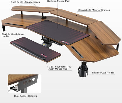 Standing Desk Electric Adjustable Height Desk, Computer Desk W Keyboard Tray 72" Gaming Desk Music Studio Desk Sit Stand up Desk LED Monitor Stand,Dual Motor,Slot Design,Walnut