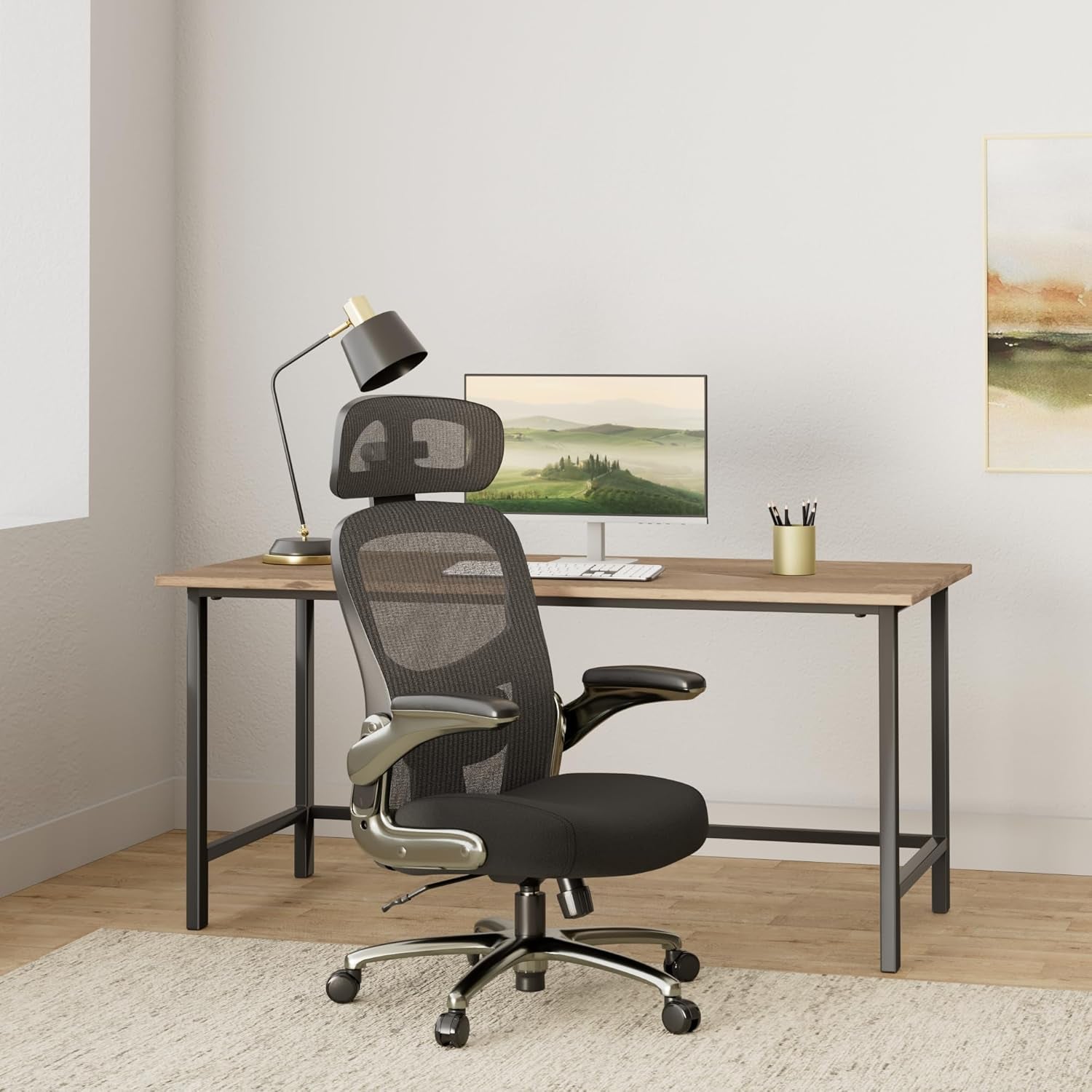 500 Lbs Rated Ergonomic Big and Tall, Flip-Up Arms, Mesh Swivel Office Chair with anti Scratch Wheels, Mesh Executive Chair (Black with Headrest)
