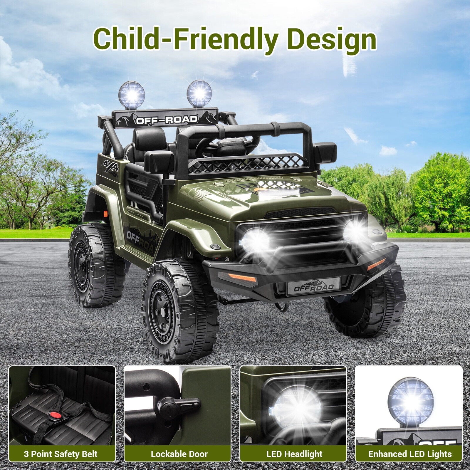 12V Kids Ride on Jeep, 12V 7AH Battery Powered Rechargeable Ride on Truck Car Electric Off-Road Tires Vehicle Jeep Toy, 2-Way Control with Control Remote, 2-Seater, MP3, LED Lights, Green