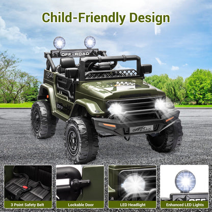 12V Kids Ride on Jeep, 12V 7AH Battery Powered Rechargeable Ride on Truck Car Electric Off-Road Tires Vehicle Jeep Toy, 2-Way Control with Control Remote, 2-Seater, MP3, LED Lights, Green