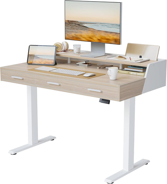 Electric Standing Desk with Drawers, 48X24 Inch Standing Desk Adjustable Height, Stand up Desk with Monitor Shelf, Sit Stand Home Office Desk, Light Walnut
