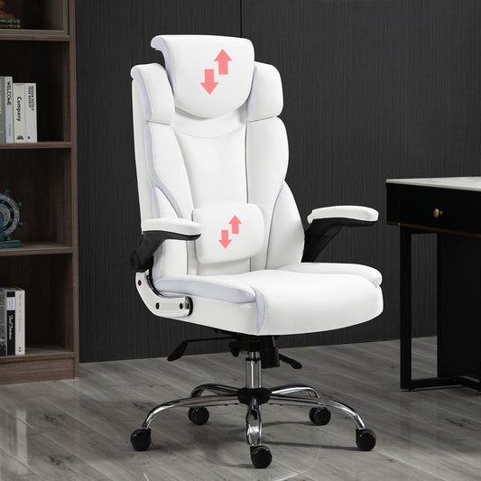 Ergonomic Executive Office Chair High Back PU Leather Computer Desk Chairs with Wheels and Flip-Up Arms, Adjustable Headrest, Tilt and Lumbar Support, White