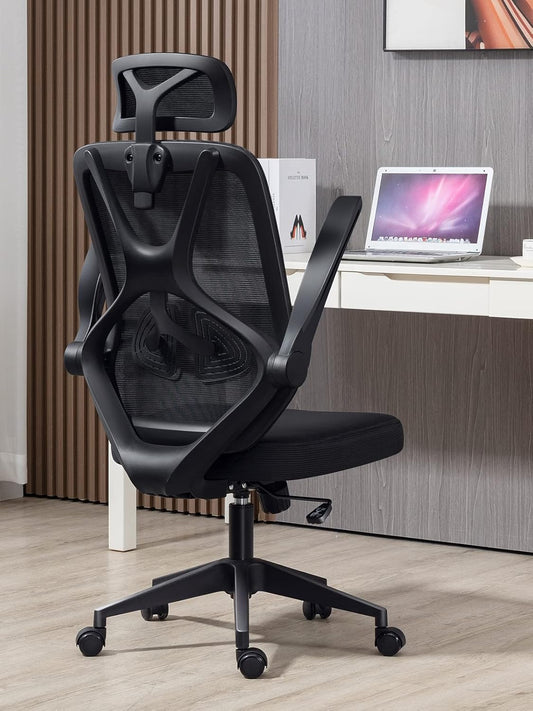 Home Office Chair Ergonomic Desk Chair High Back Flip-Up Arms Reclining Computer Chair with Adjustable Lumbar Support/Headrest Rocking Function Breathable High Elasticity Mesh, Black
