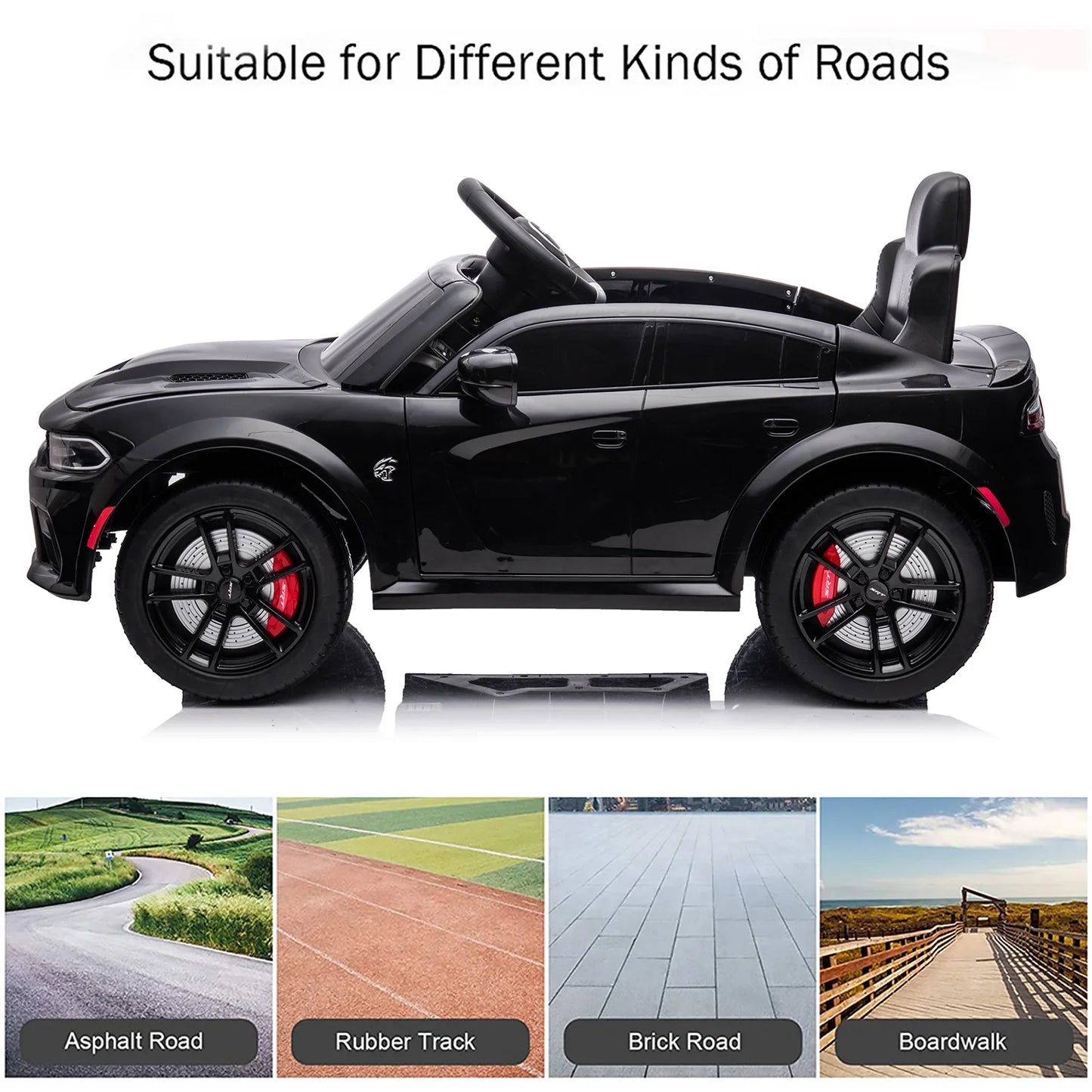 Black 12 V Dodge Charger SRT Hellcat Battery Powered Ride on Cars with Remote Control, Bluetooth, LED Light and MP3 Player