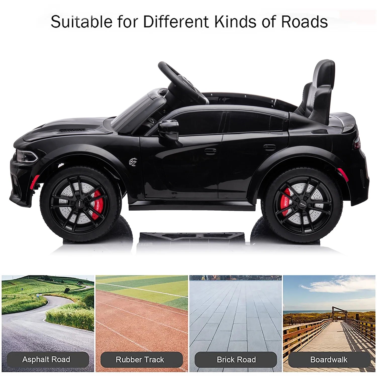 Black 12 V Dodge Charger SRT Hellcat Battery Powered Ride on Cars with Remote Control, Bluetooth, LED Light and MP3 Player