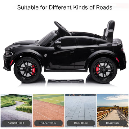 Black 12 V Dodge Charger SRT Hellcat Battery Powered Ride on Cars with Remote Control, Bluetooth, LED Light and MP3 Player