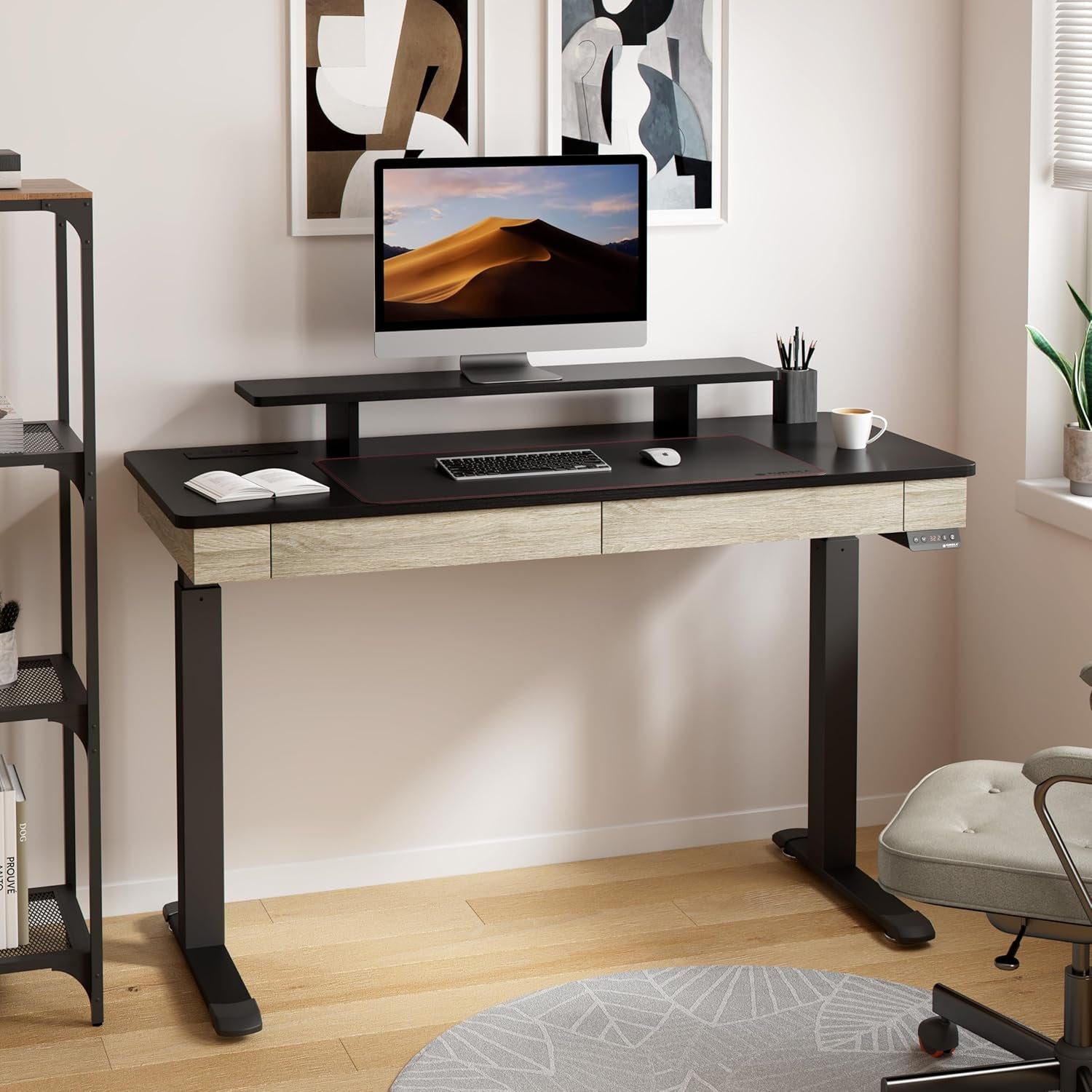 Electric Standing Desk with Drawers, 55 Inch Dual Motor Height Adjustable Stand up Desk for Home Office with Built-In Outlet, Wireless Charger, USB Port, Oak Grey