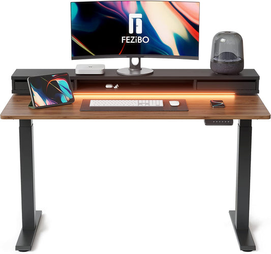 48 X 24 Inch Height Adjustable Electric Standing Desk with Double Drawers, Stand up Desk with LED Strips, Sit Stand Desk with Monitor Stand, Black Walnut