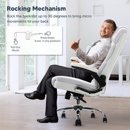 Ergonomic Executive Office Chair High Back PU Leather Computer Desk Chairs with Wheels and Flip-Up Arms, Adjustable Headrest, Tilt and Lumbar Support, White