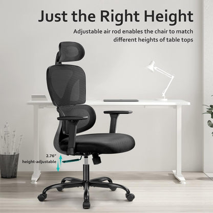Ergonomic Office Chair, Home Desk Chair, Comfy Breathable Mesh Task High Back Thick Cushion Computer Chair with Headrest and 3D Armrests, Adjustable Height Home Gaming Chair (Black)