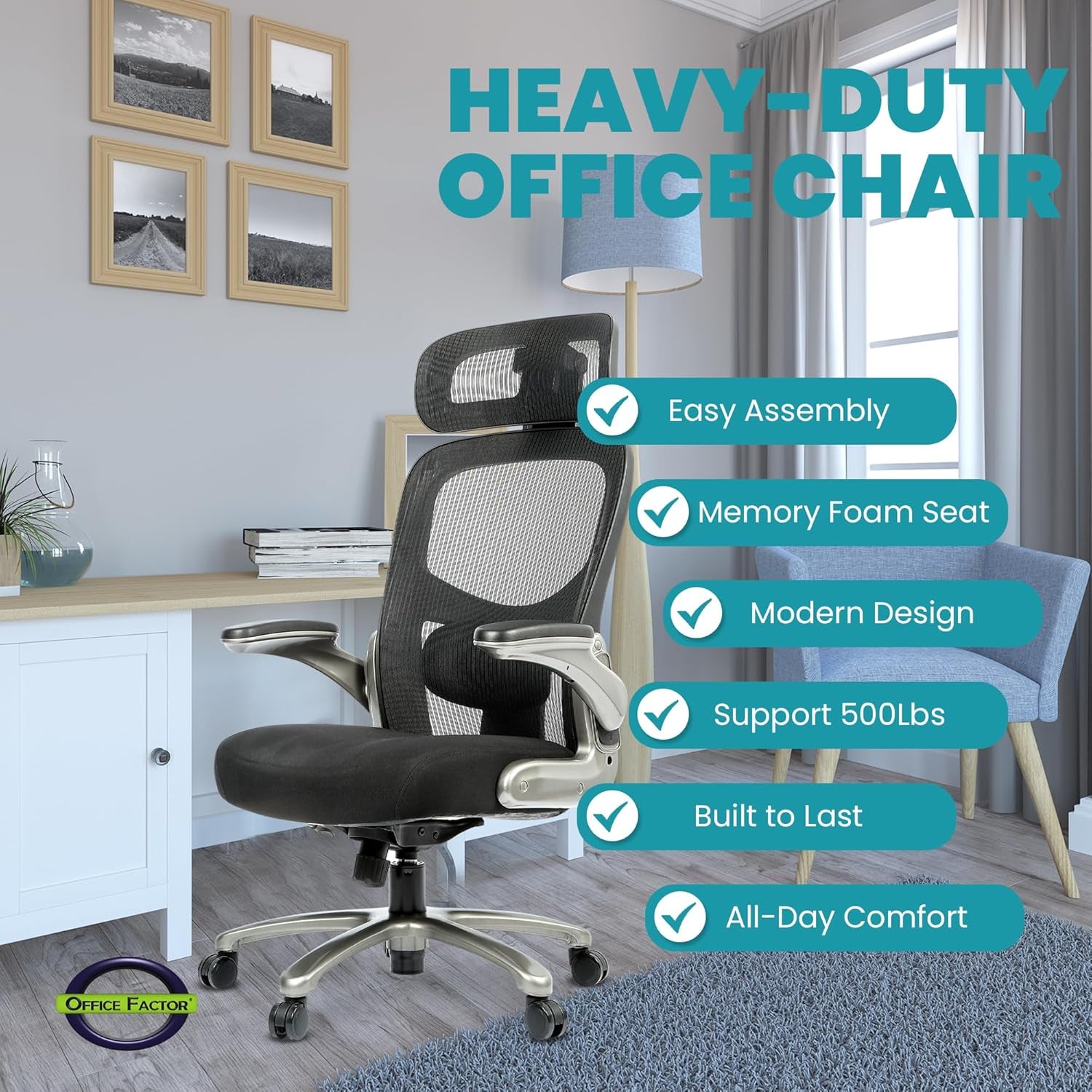 500 Lbs Rated Ergonomic Big and Tall, Flip-Up Arms, Mesh Swivel Office Chair with anti Scratch Wheels, Mesh Executive Chair (Black with Headrest)