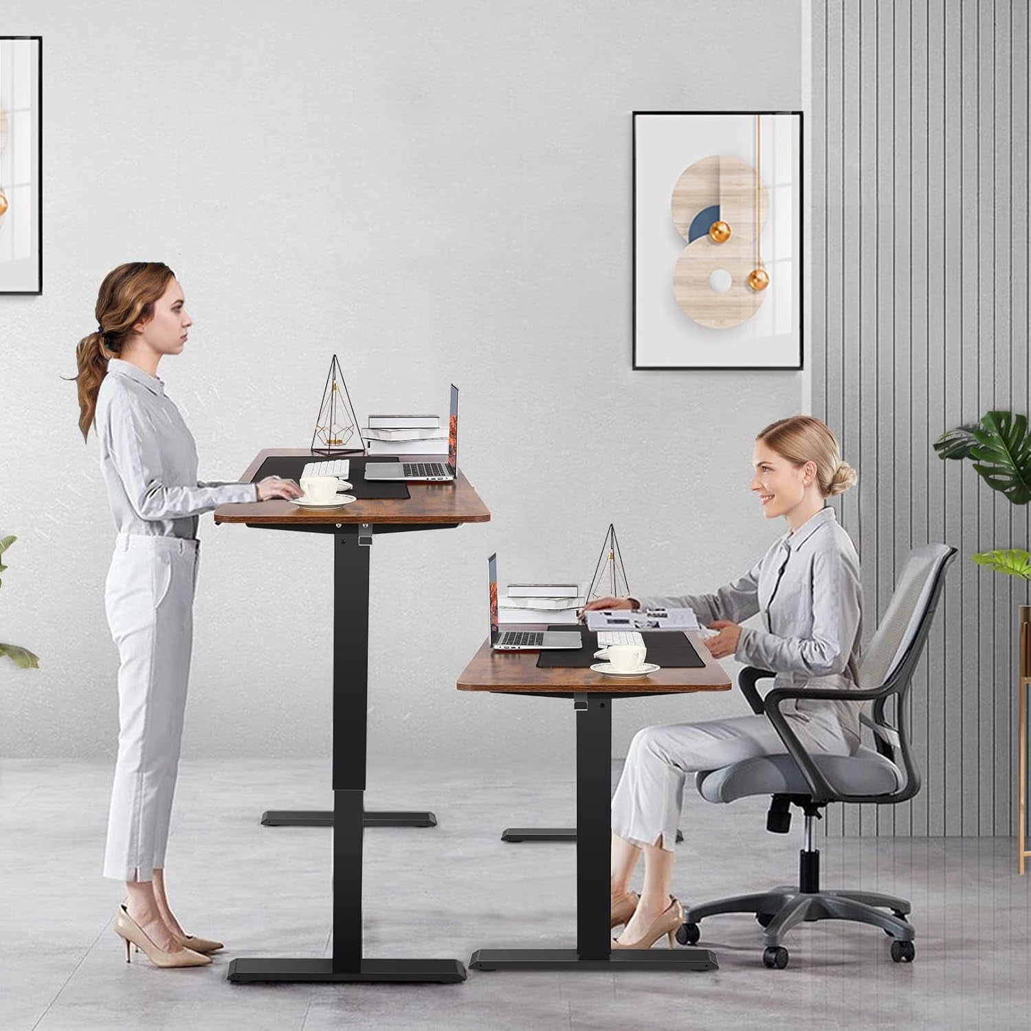 55 X 24 Inch Standing Desk Electric Adjustable Height with Charging Station, Stand up Desk with Oversized Mouse Pad, Ergonomic Curved Workstation, 4 Caster, 4 Preset Heights Easy to Set（Brown