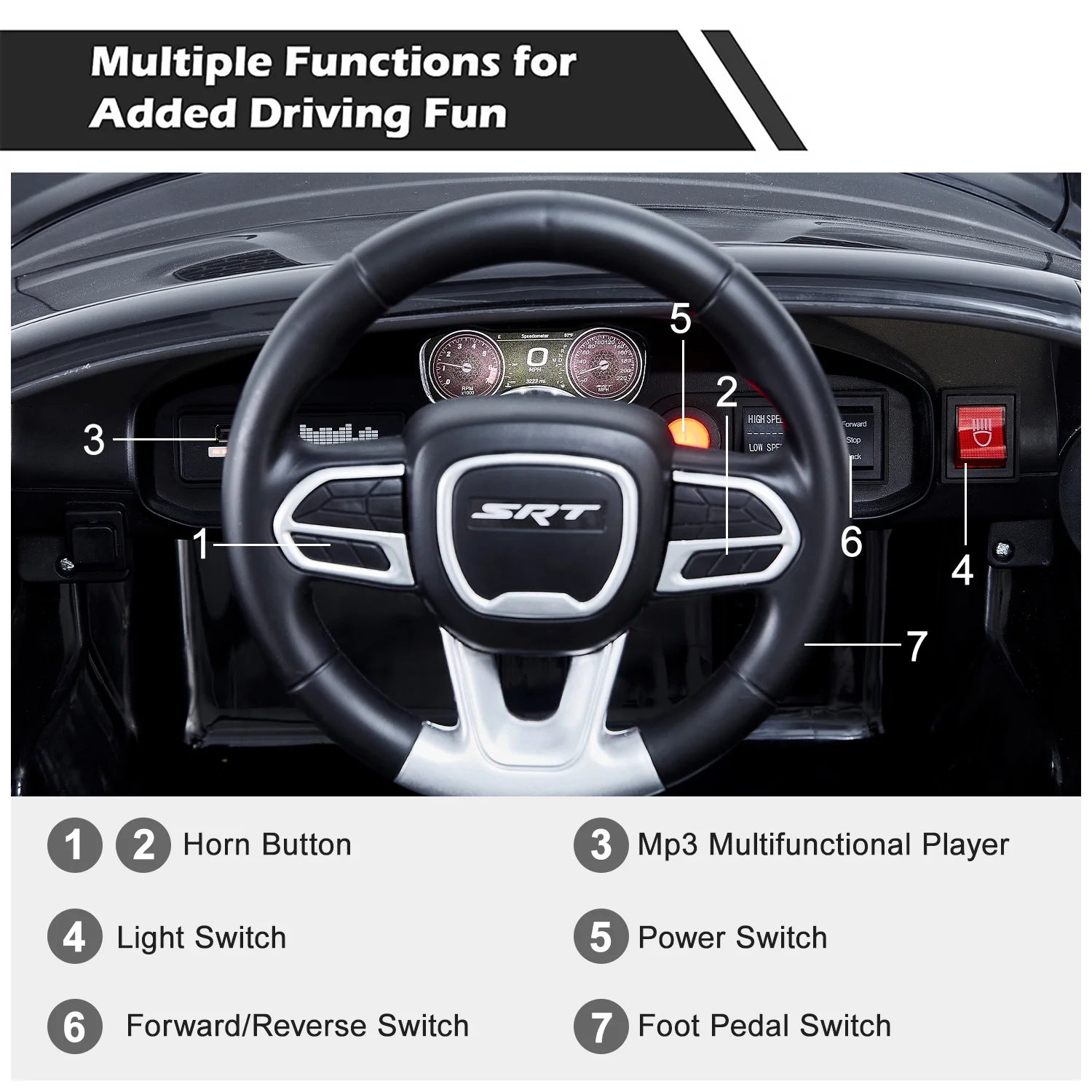 Black 12 V Dodge Charger SRT Hellcat Battery Powered Ride on Cars with Remote Control, Bluetooth, LED Light and MP3 Player