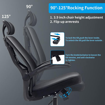 Home Office Chair Ergonomic Desk Chair High Back Flip-Up Arms Reclining Computer Chair with Adjustable Lumbar Support/Headrest Rocking Function Breathable High Elasticity Mesh, Black