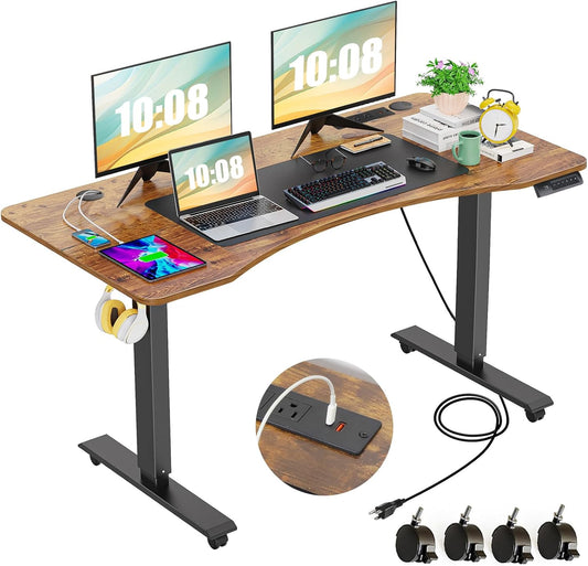 55 X 24 Inch Standing Desk Electric Adjustable Height with Charging Station, Stand up Desk with Oversized Mouse Pad, Ergonomic Curved Workstation, 4 Caster, 4 Preset Heights Easy to Set（Brown
