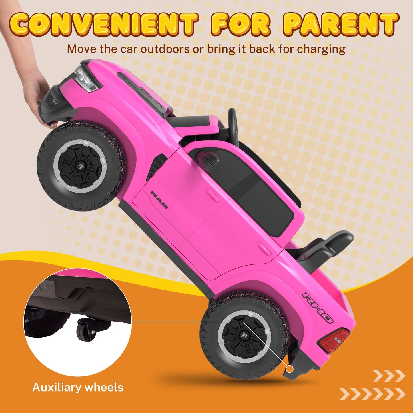 RAM Ride on Car, 12V Powered Ride on Toy with Remote Control, 4 Wheel Suspension, 5 Point Safety Belt, MP3 Player, Bluetooth, LED Lights, Electric Cars for 3-8 Years Boys Girls