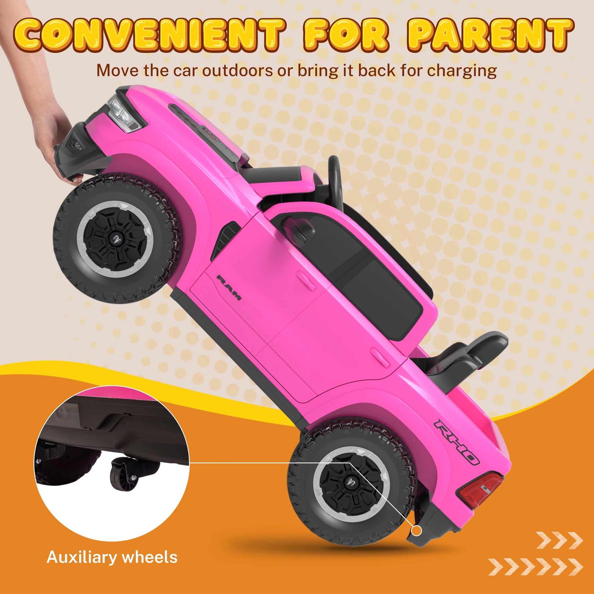 RAM Ride on Car, 12V Powered Ride on Toy with Remote Control, 4 Wheel Suspension, 5 Point Safety Belt, MP3 Player, Bluetooth, LED Lights, Electric Cars for 3-8 Years Boys Girls