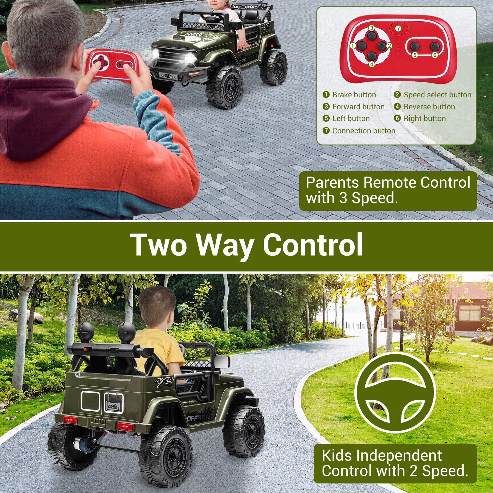 12V Kids Ride on Jeep, 12V 7AH Battery Powered Rechargeable Ride on Truck Car Electric Off-Road Tires Vehicle Jeep Toy, 2-Way Control with Control Remote, 2-Seater, MP3, LED Lights, Green