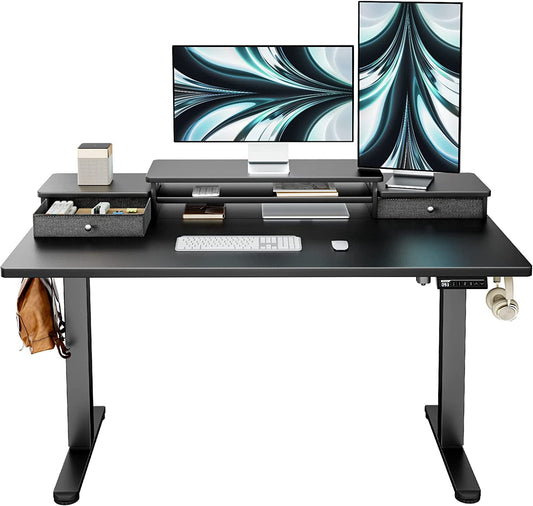 Electric Standing Desk with Double Drawers, 48X24 Inches Adjustable Height Sit Stand up Desk, Home Office Desk Computer Workstation with Storage Shelf, Black