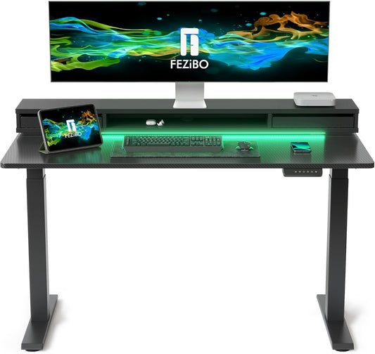 48 X 24 Inch Height Adjustable Electric Standing Desk with Double Drawers, Stand up Desk with LED Strips, Sit Stand Desk with Monitor Stand, Blcak