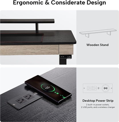 Electric Standing Desk with Drawers, 55 Inch Dual Motor Height Adjustable Stand up Desk for Home Office with Built-In Outlet, Wireless Charger, USB Port, Oak Grey