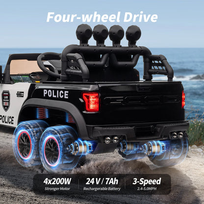 24V Kids Electric Police Car, 4WD 2 Seater Powered Ride on Toy Truck with Remote, Megaphone