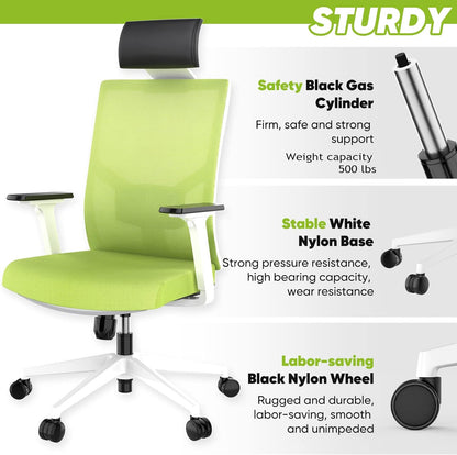 Ergonomic Office Chair, Home Office Desk Chairs Flip up Arms with Wheels Adjustable Armrest Mesh High Back Lumbar Headrest Support for Adults Green Comfy Swivel Big Tall Executive, Green