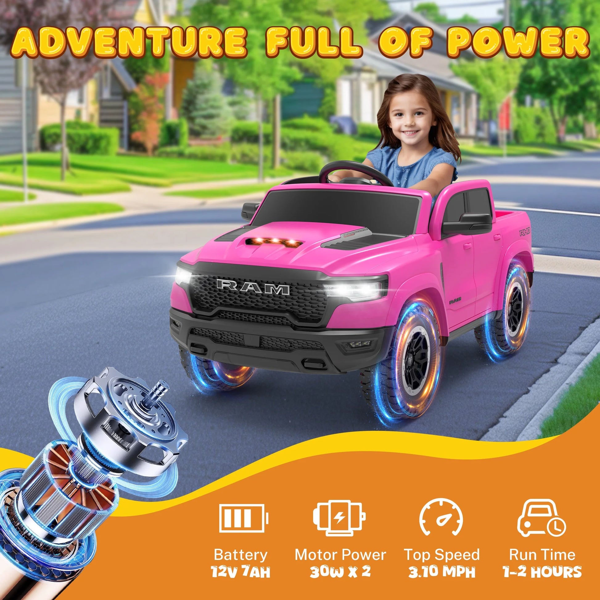 RAM Ride on Car, 12V Powered Ride on Toy with Remote Control, 4 Wheel Suspension, 5 Point Safety Belt, MP3 Player, Bluetooth, LED Lights, Electric Cars for 3-8 Years Boys Girls