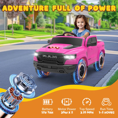 RAM Ride on Car, 12V Powered Ride on Toy with Remote Control, 4 Wheel Suspension, 5 Point Safety Belt, MP3 Player, Bluetooth, LED Lights, Electric Cars for 3-8 Years Boys Girls