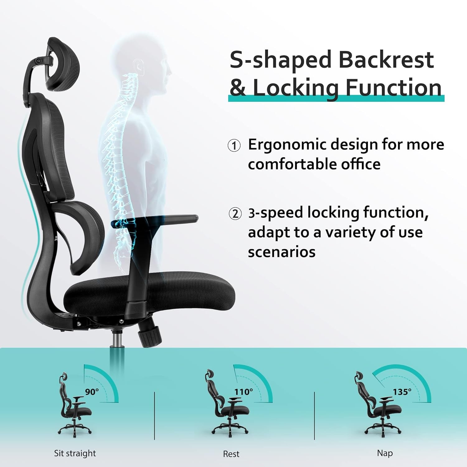 Ergonomic Office Chair, Home Desk Chair, Comfy Breathable Mesh Task High Back Thick Cushion Computer Chair with Headrest and 3D Armrests, Adjustable Height Home Gaming Chair (Black)
