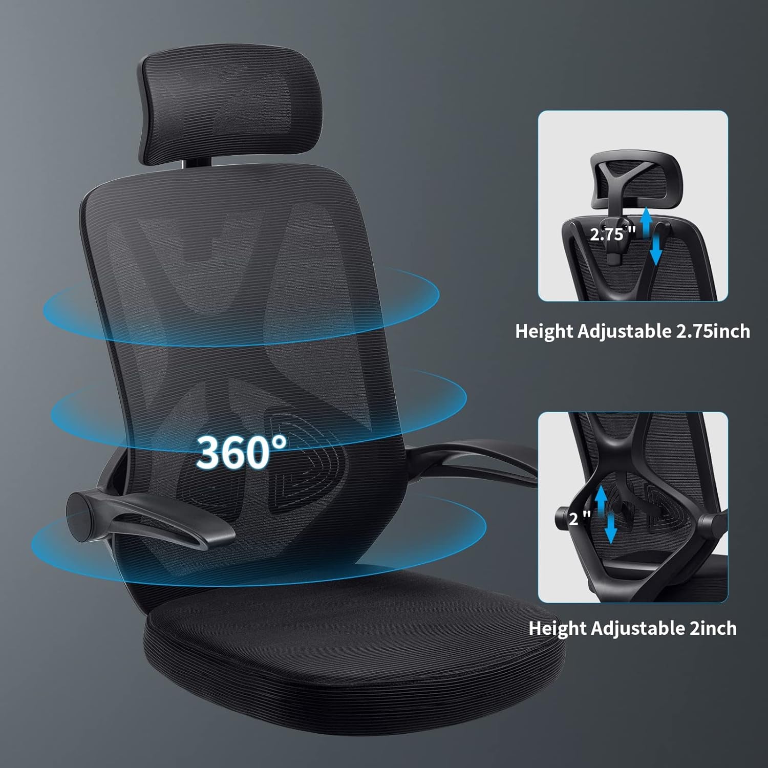 Home Office Chair Ergonomic Desk Chair High Back Flip-Up Arms Reclining Computer Chair with Adjustable Lumbar Support/Headrest Rocking Function Breathable High Elasticity Mesh, Black