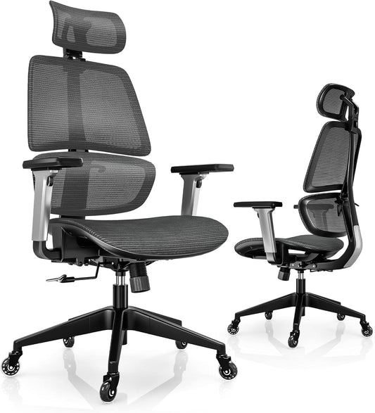 High-Back Office Chair, Swivel Ergonomic Task Chair with Adjustable Headrest and Arms, Lumbar Support and PU Wheels, Computer Mesh Chair for Home Office, Grey