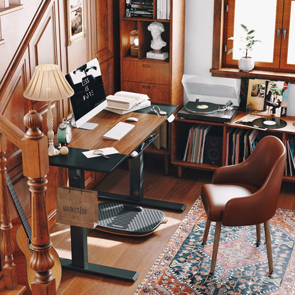 Height Adjustable Electric Standing Desk with Pencil Holder, 55 X 24 Inches Stand up Desk, Sit Stand Desk with Black and Espresso Top and Black Frame