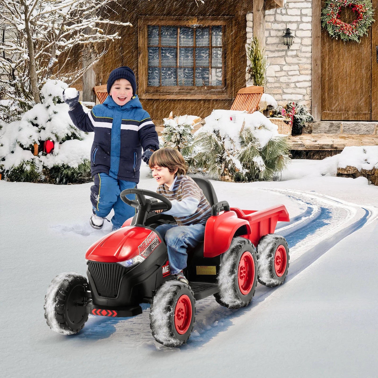 Kids Ride on Tractor with Remote Control, 12V Battery Powered Electric Tractor with 30W Dual Motors/Cool Lights/Bluetooth Music for Kids, Red